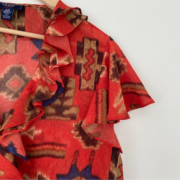 CHAPS DENIM VINTAGE STYLE ORANGE/BROWN SHORT SLEEVE TOP/BLOUSE W/FRONT RUFFLE, L - Picture 3 of 12